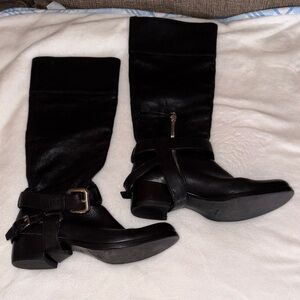 Miu Miu Black Leather Knee-High Womens Buckle Biker Boots Gently Loved 38